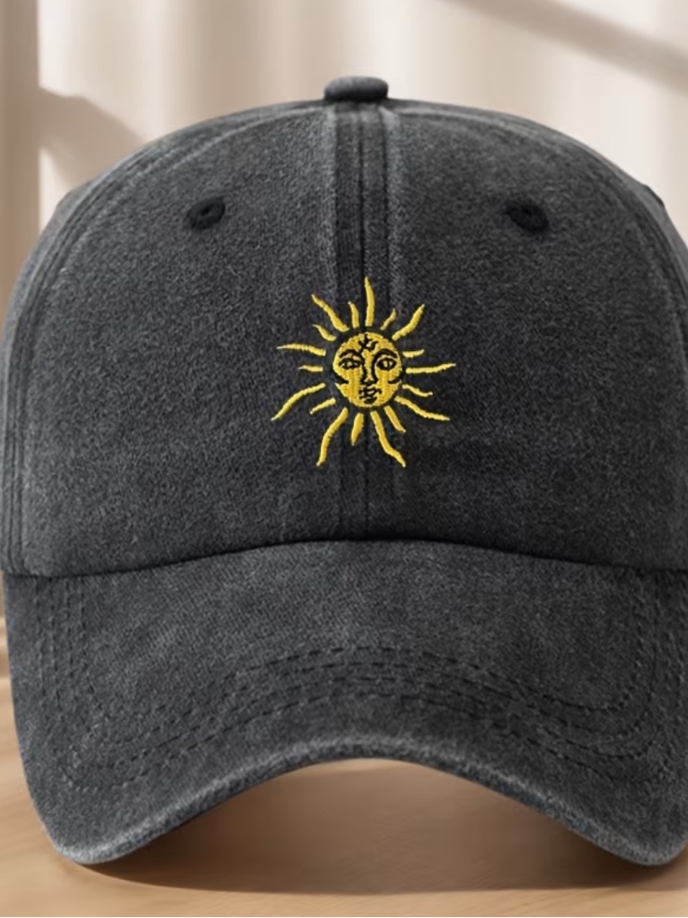Charcoal Sun Embroidered Baseball Cap - Yellow Sun Design